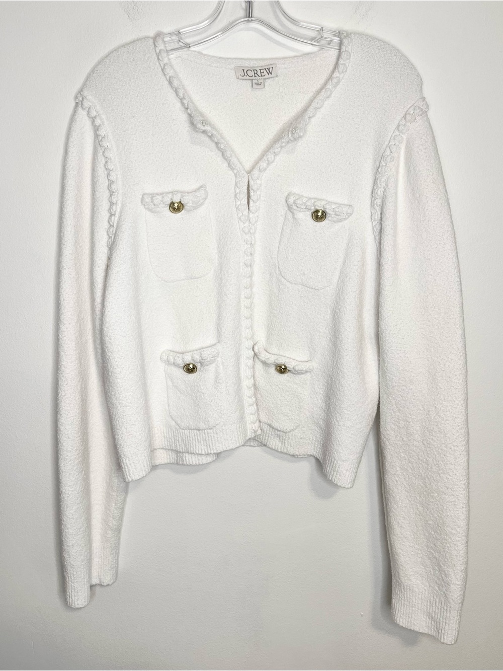 J. Crew White Odette Sweater Lady Jacket Cardigan. Cropped, Gold Buttons. Sz L